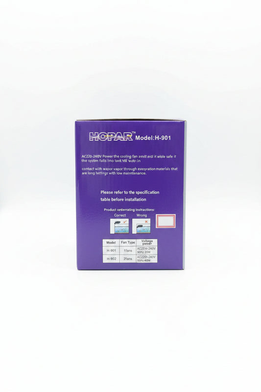 Purple box with text and specifications on a wooden surface