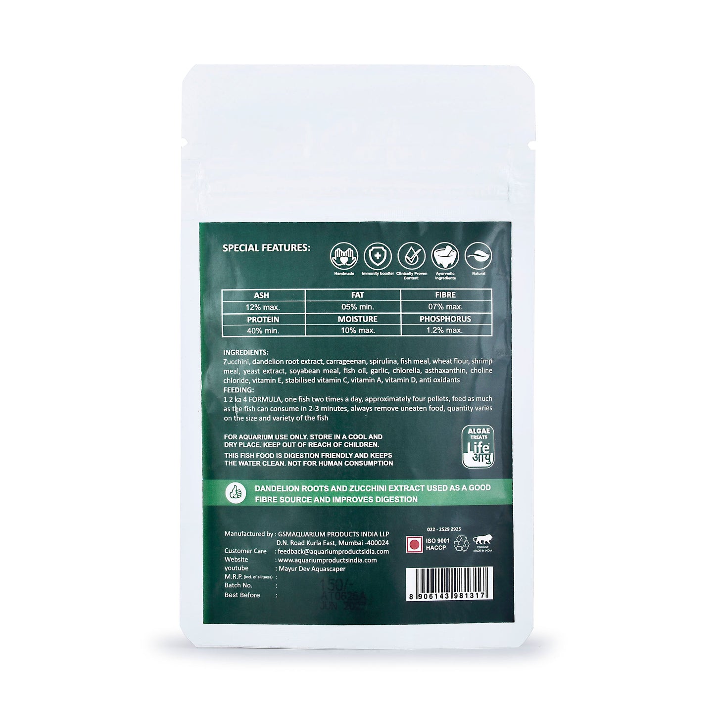 Back view of a green and white package with text and icons on a white background