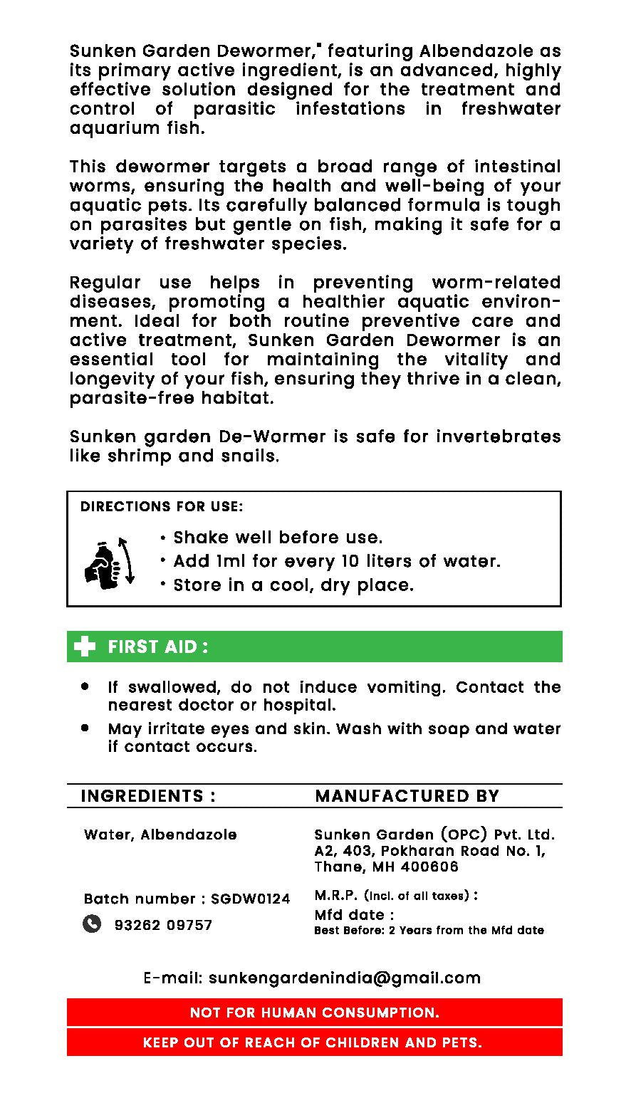 Sunken Garden Stop Worms | Liquid De-Wormer for Freshwater Aquariums | Safe for Fish, Shrimp & Snails