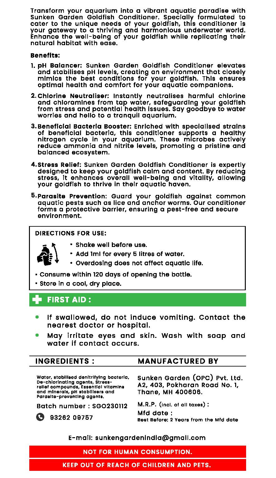 Sunken Garden Goldfish Water Conditioner | pH Stabilizer + Dechlorinator + Parasite Prevention | Made for Indian Tap Water