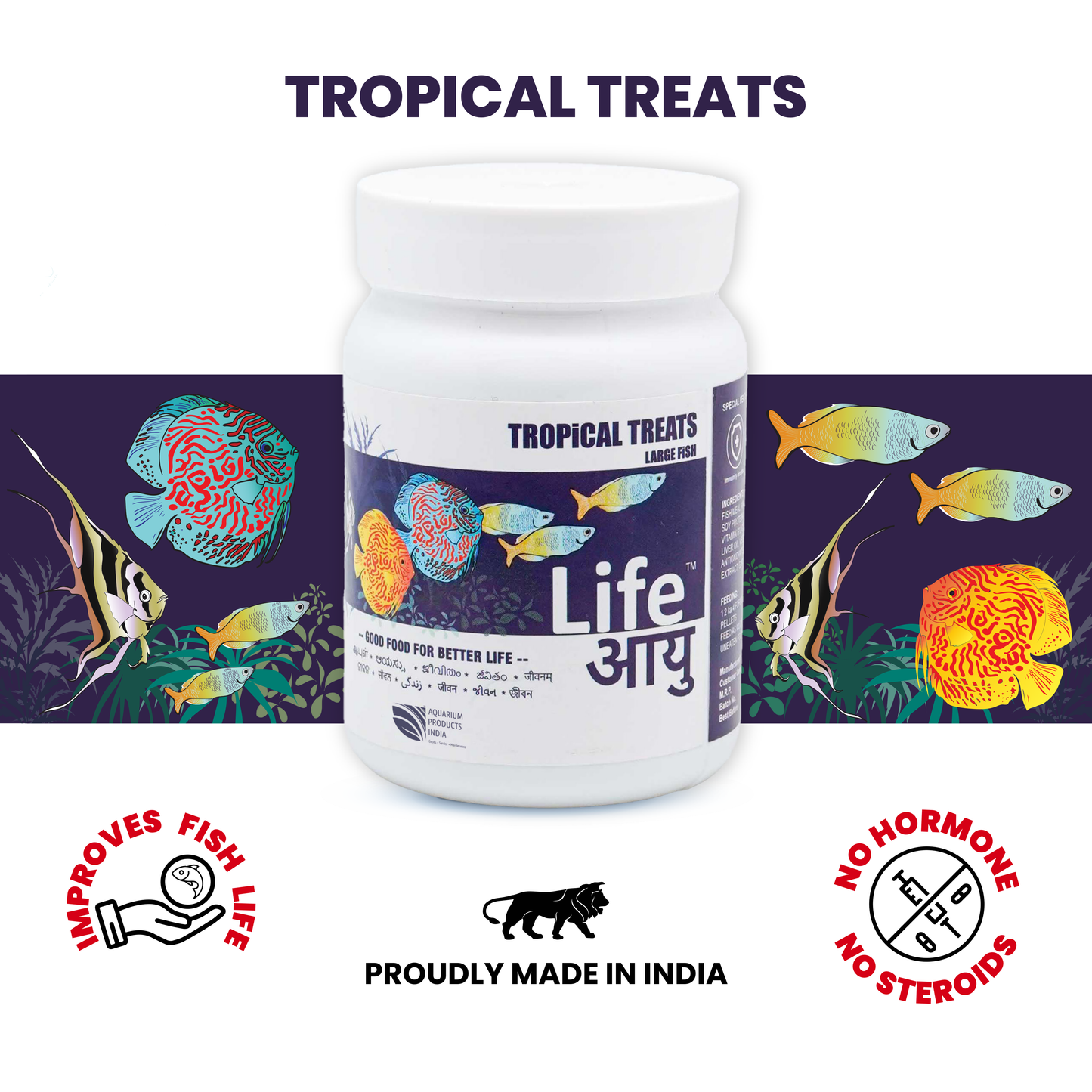 Life AAYU Tropical Treats Fish Food – Ayurvedic Immunity Boost Pellets for Small Tropical Fish | Spirulina, Moringa, Garlic & Color Enhancers (70g)