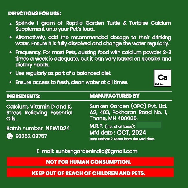 Reptile Garden Turtle & Tortoise Calcium Supplement – With Vitamins D & K + Stress-Relieving Essential Oils