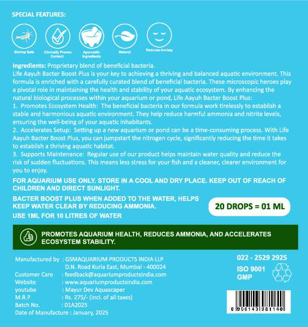 Life Aayu Bacter Boost Plus – Natural Aquarium Bacteria Starter for Clear Water, Ammonia Control Eco Balance | 100% Shrimp Safe