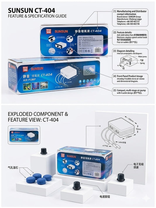 SUNSUN CT-404 Aquarium Air Pump | High-Performance Aeration Pump for Improved Oxygenation, Water Circulation & Healthy Freshwater and Marine Aquariums