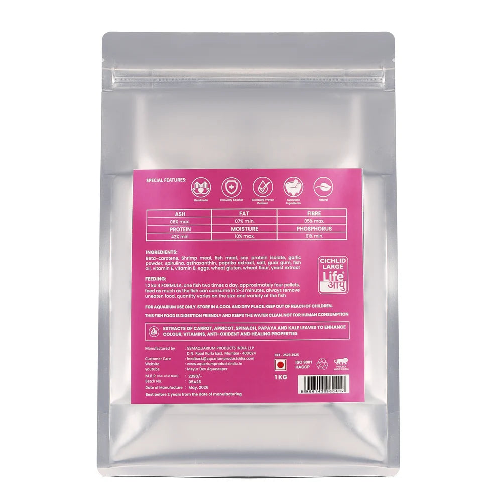 LIFE AAYU Pro Bites Cichlid Fish Food 1 kg – Colour Enhancing Ayurvedic Pellets