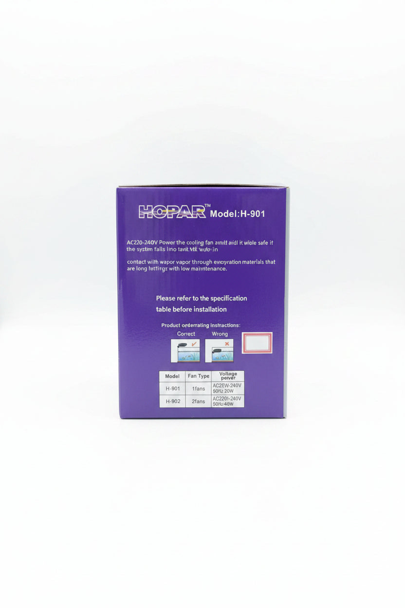 Purple box with text and specifications on a wooden surface