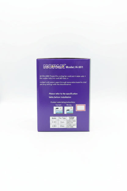 Purple box with text and specifications on a wooden surface