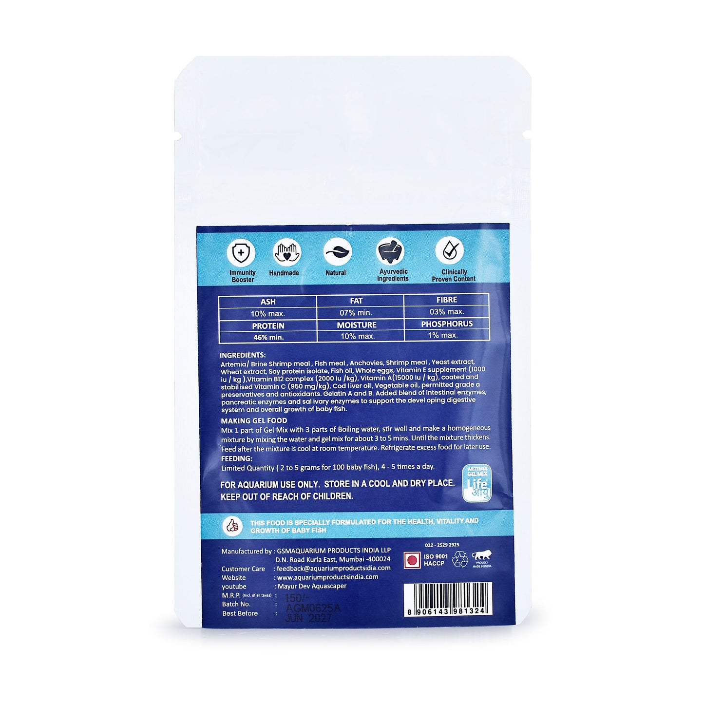 Back view of a pet food packaging with nutritional information on a white background