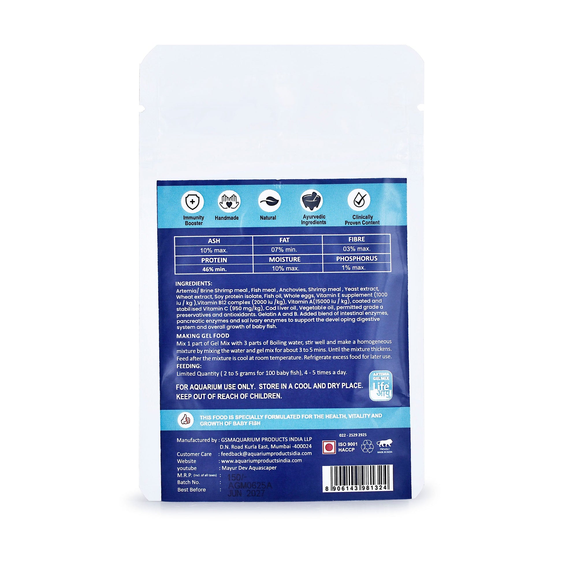 Back view of a pet food packaging with nutritional information on a white background