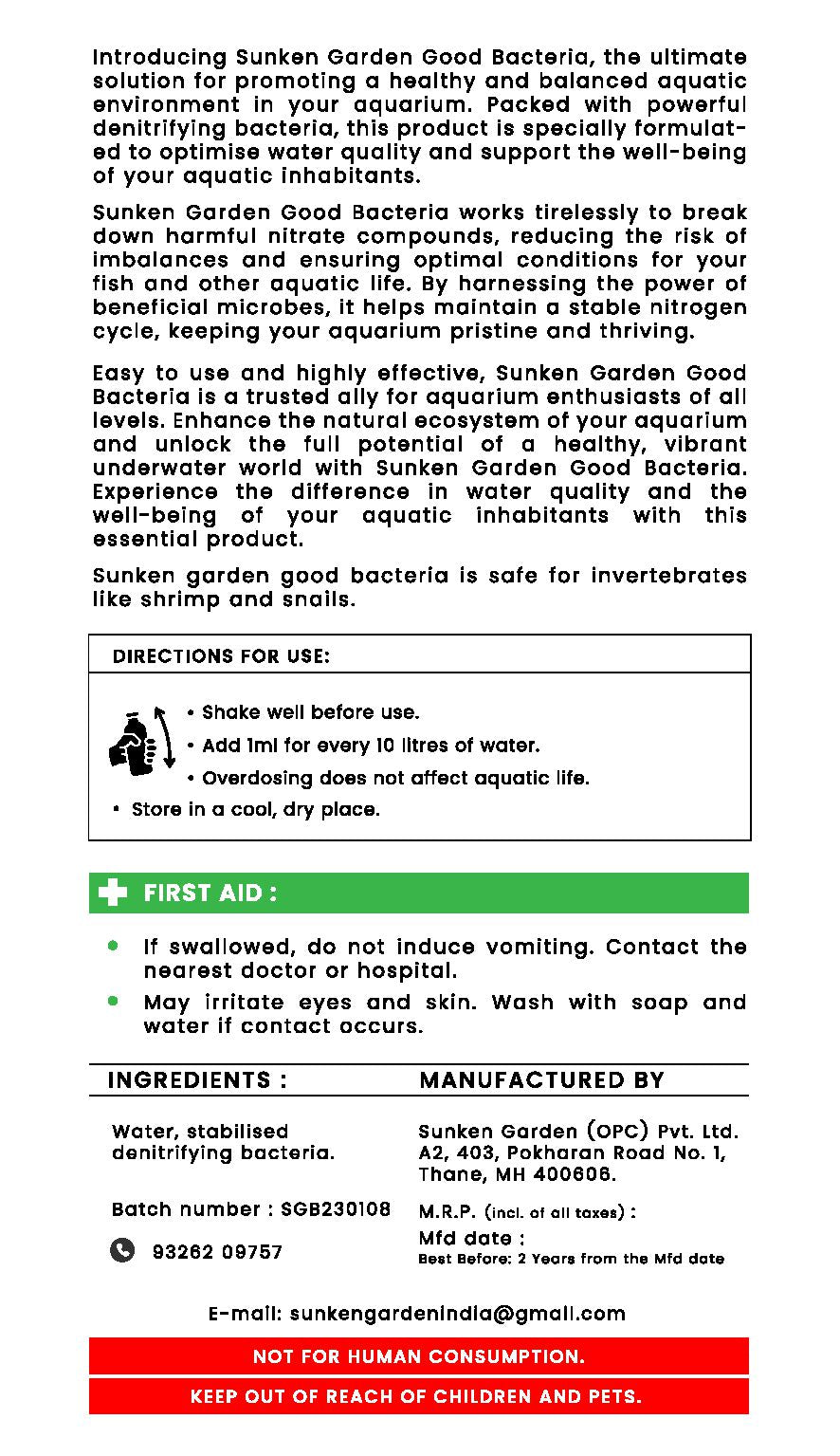 Sunken Garden Good Bacteria – Premium Denitrifying Bacteria for Water Clarity & Bio Stability | Safe for Shrimp & Invertebrates