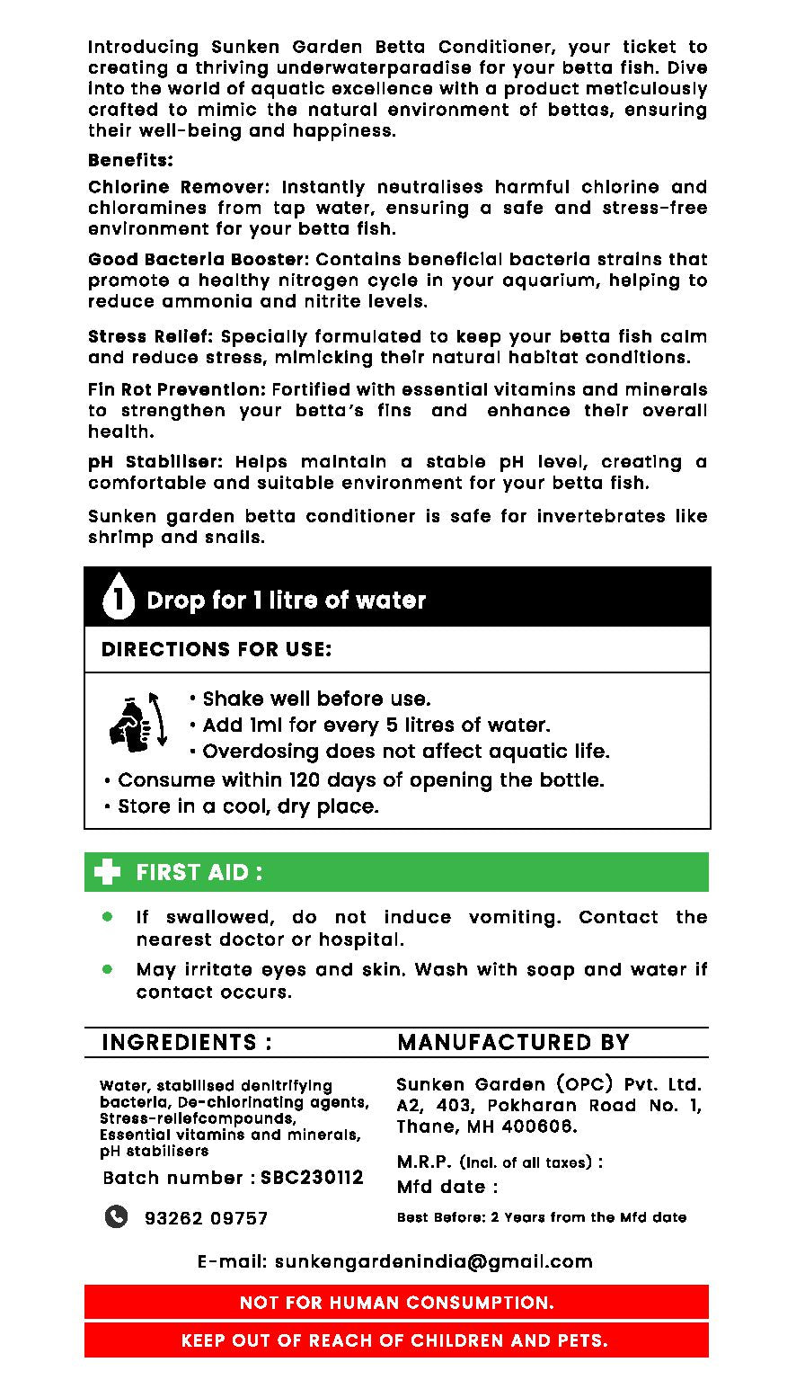 Sunken Garden Betta Fish Water Conditioner | Chlorine Neutralizer + Fin Rot Protection + pH Balancer | Made for Indian Aquariums