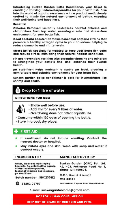 Sunken Garden Betta Fish Water Conditioner | Chlorine Neutralizer + Fin Rot Protection + pH Balancer | Made for Indian Aquariums