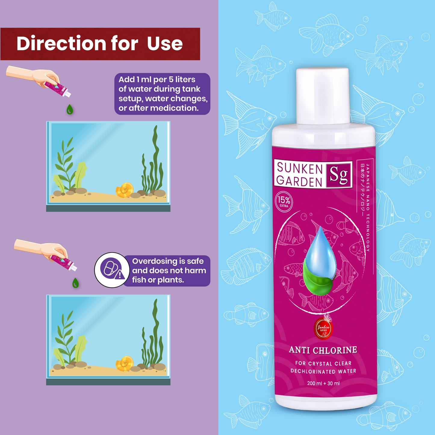 Sunken Garden Anti Chlorine | Dechlorinator + 15-Strain Beneficial Bacteria | Water Conditioner for Freshwater Aquariums