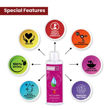 Sunken Garden Anti Chlorine | Dechlorinator + 15-Strain Beneficial Bacteria | Water Conditioner for Freshwater Aquariums