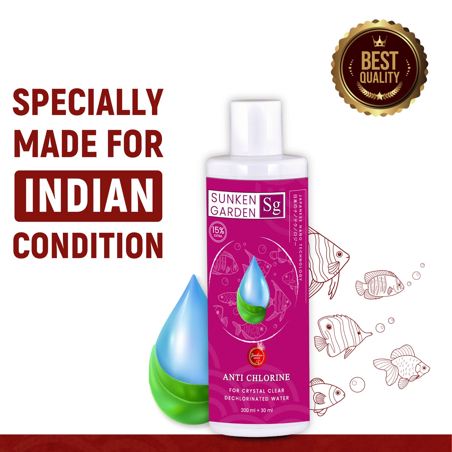 Sunken Garden Anti Chlorine | Dechlorinator + 15-Strain Beneficial Bacteria | Water Conditioner for Freshwater Aquariums