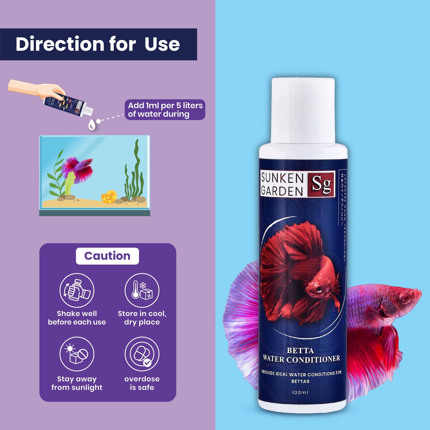 Sunken Garden Betta Fish Water Conditioner | Chlorine Neutralizer + Fin Rot Protection + pH Balancer | Made for Indian Aquariums