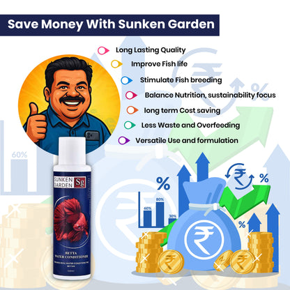 Sunken Garden Betta Fish Water Conditioner | Chlorine Neutralizer + Fin Rot Protection + pH Balancer | Made for Indian Aquariums