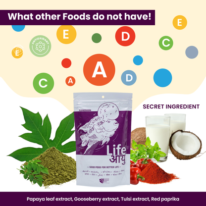 Life AAYU Flowerhorn Food – Ayurvedic Growth & Color Boost Formula for Juvenile And Adult Flowerhorns | With Papaya, Red Paprika & Tulsi (100g)