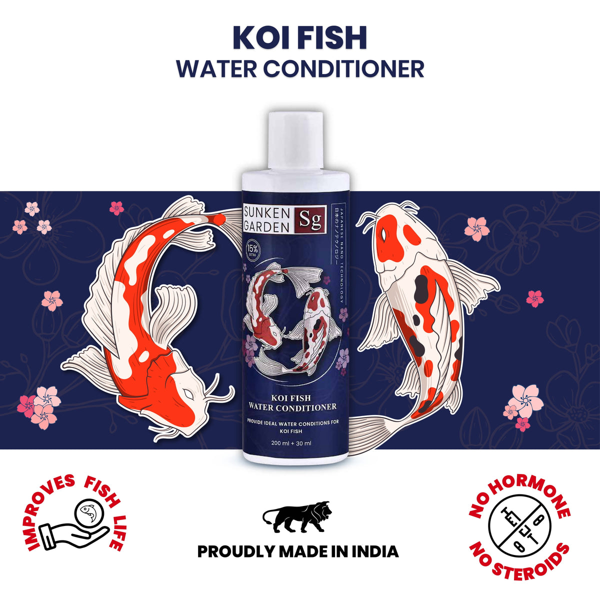 Koi fish water conditioner with koi fish illustrations on a blue background