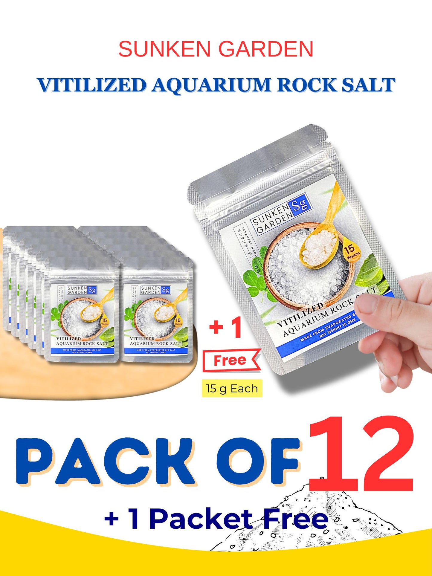 SUNKEN GARDEN Vitalized Aquarium SALT 15gm (PACK OF 12 + 1 FREE).