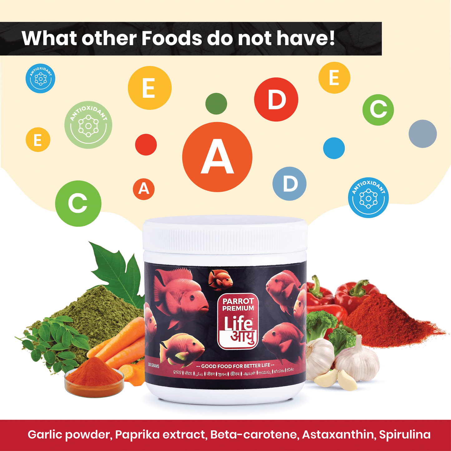 Life AAYU Parrot Premium Fish Food – Color Enhancing & Immunity-Boosting Natural Pellets with Spirulina & Omega-3