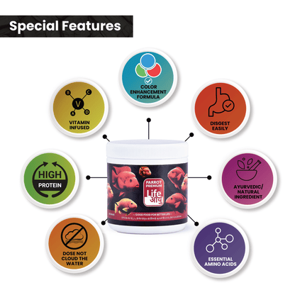 Life AAYU Parrot Premium Fish Food – Color Enhancing & Immunity-Boosting Natural Pellets with Spirulina & Omega-3