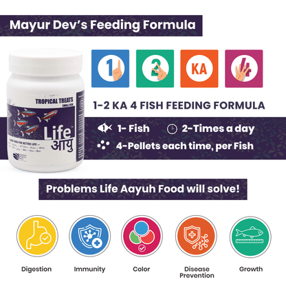 Life AAYU Tropical Treats Fish Food – Ayurvedic Immunity Boost Pellets for Small Tropical Fish | Spirulina, Moringa, Garlic &amp; Color Enhancers (70g)