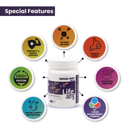 Life AAYU Tropical Treats Fish Food – Ayurvedic Immunity Boost Pellets for Small Tropical Fish | Spirulina, Moringa, Garlic &amp; Color Enhancers (70g)