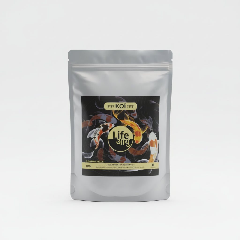A 1kg stand-up pouch of Koi Life Aayu floating pellet fish food, featuring koi fish illustrations on the label, set on a wooden counter with shelves in the background.
