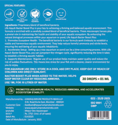 Life Aayu Bacter Boost Plus – Natural Aquarium Bacteria Starter for Clear Water, Ammonia Control Eco Balance | 100% Shrimp Safe