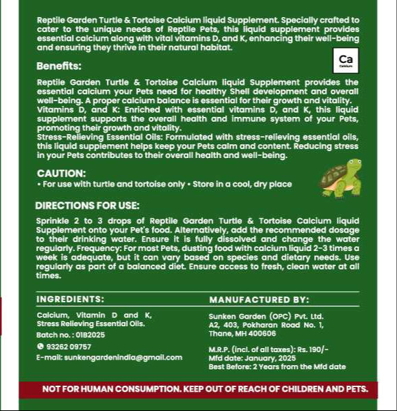 Reptile Garden Turtle & Tortoise Calcium Liquid Supplement – 30ml | Shell Strength + Immunity + Stress Relief
